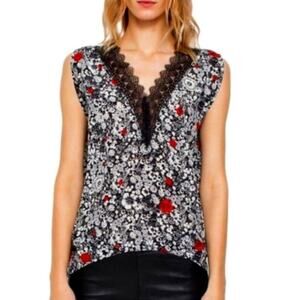 Zadig & Voltaire Trixie Print Silk Lace Cami Floral Red Black Top Sz XS EUC